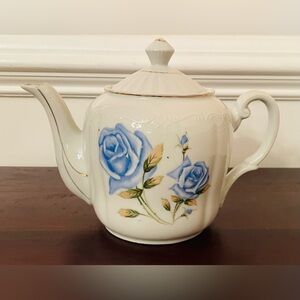 Vintage Shafford Fine China Blue Rose Large Light Gray Teapot